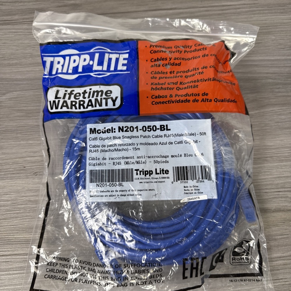 Cat 6, Tripp Lite N201-050-BL Gigabit Snagless Molded - 50 ft. Ethernet Cable